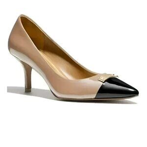 Coach Black Tan Beige Minimalist Cap Toe Spectator Patent Leather Heels Pumps 7